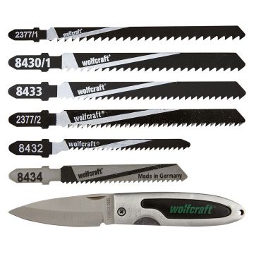 Set 11 panze pentru fierastrau pendular + 1 briceag, taiere universala Wolfcraft 2377000, prindere in T, adancime taieri: 1 - 3 / 15 / 25 / 30 / 40 / 80 mm