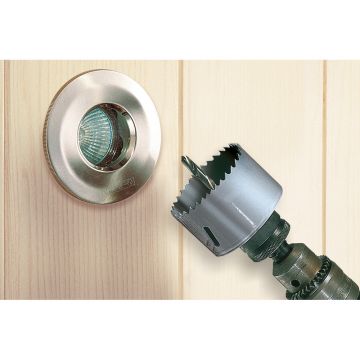 Set 7 piese pentru instalatii electrice Wolfcraft 5423000, 6 carote bimetal diametru D 40, 54, 65, 68, 74, 86 mm, 1 adaptor pentru carote bimetal cu burghiu de centrare