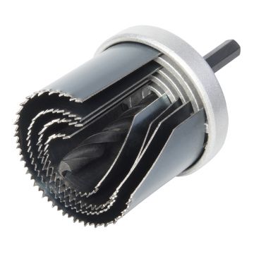Set carote standard Wolfcraft 8917000, cu 4 carote cu diametre multiple: 25, 35, 43, 53 mm, adancime de taiere 33 mm, tija hexagonala