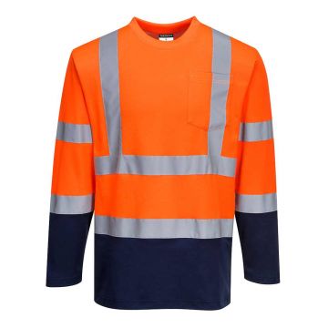 Tricou in 2 tonuri cu maneci lungi Portwest Cotton Comfort S280ONRL, culoare portocaliu bluemarin, marime L