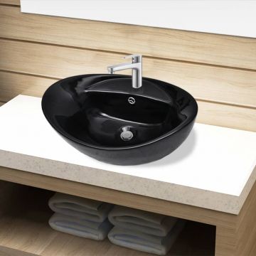 Chiuveta baie, orificiu robinet/preaplin, negru, ceramica, oval