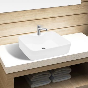 Chiuveta de baie patrata din ceramica cu gaura pentru robinet, alb