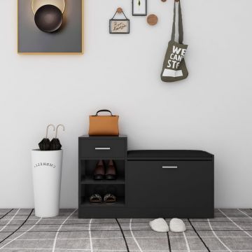 Gossi banca pantofar negru extralucios, 94,5x31x57 cm, lemn prelucrat