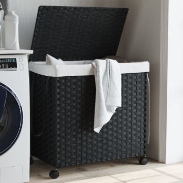 Gossi cos de rufe cu roti, negru, 60x35x60,5 cm, ratan