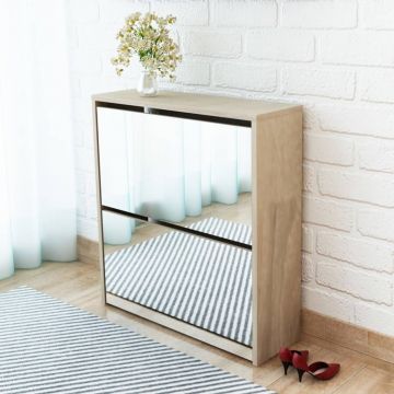 Gossi pantofar cu oglinda 2 niveluri, culoare stejar, 63 x 17 x 67 cm