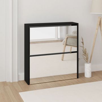 Gossi pantofar cu oglinda, 2 niveluri, negru, 63x17x67 cm