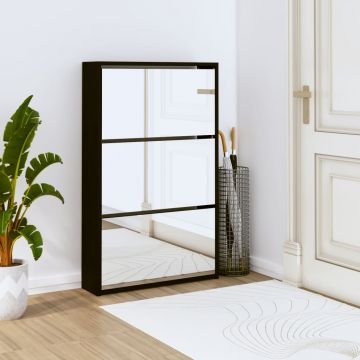 Gossi pantofar cu oglinda, 3 niveluri, negru, 63x17x102,5 cm