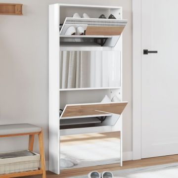 Gossi pantofar cu oglinda, 4 niveluri, alb extralucios, 63x17x134 cm