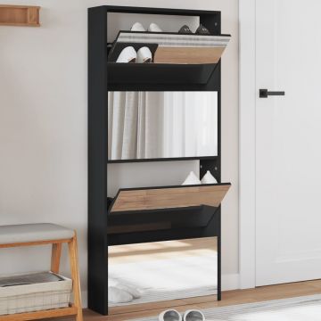Gossi pantofar cu oglinda, 4 niveluri, negru, 63x17x134 cm