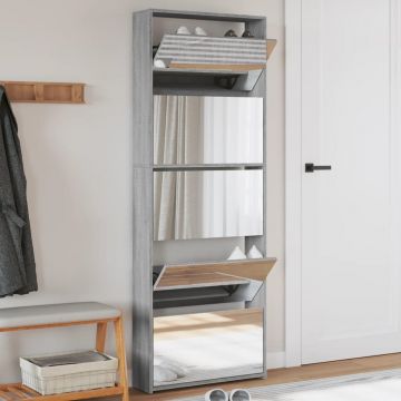Gossi pantofar cu oglinda, 5 niveluri, gri sonoma, 63x17x169,5 cm
