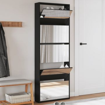 Gossi pantofar cu oglinda, 5 niveluri, negru, 63x17x169,5 cm