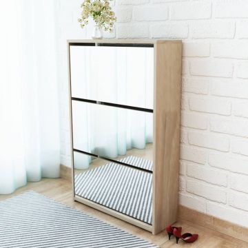 Gossi pantofar cu oglinda si 3 niveluri, stejar, 63 x 17 x 102,5 cm