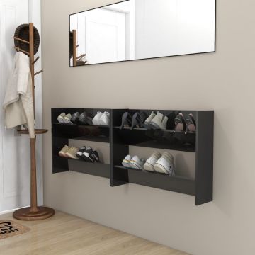 Gossi pantofare de perete, 2 buc., negru extralucios, 80x18x60cm, pal