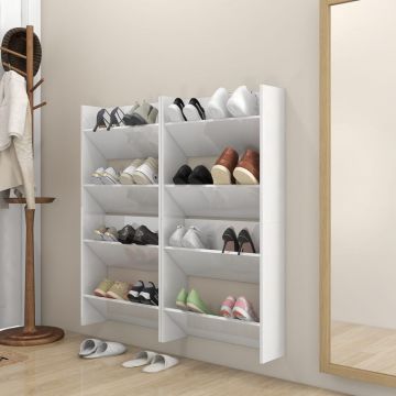 Gossi pantofare de perete, 4 buc., alb extralucios, 60x18x60 cm, pal