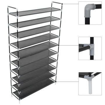 Gossi raft pantofi 10 etajere, metal si material textil netesut negru