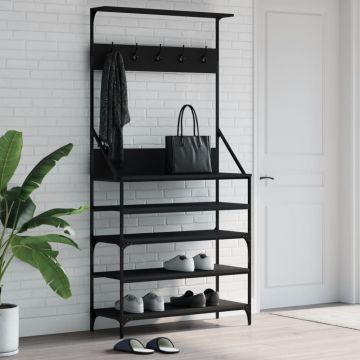 Gossi suport de haine cu raft de pantofi, negru, 90x34x184 cm