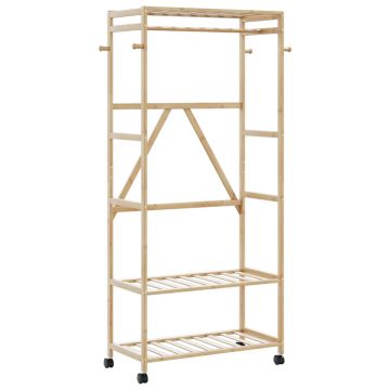 Gossi suport pentru haine cu rafturi si roti 90x40x179,5 cm bambus