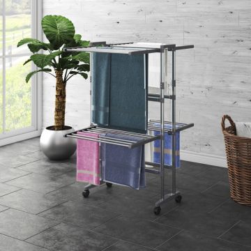 Gossi suport uscare rufe, 2 niveluri, cu roti, argintiu, 60x70x106 cm