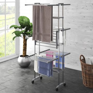 Gossi suport uscare rufe, 3 niveluri, cu roti, argintiu, 60x70x129 cm