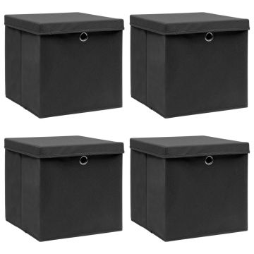 Gossi cutii depozitare cu capace, 4 buc. negru, 32x32x32 cm, textil