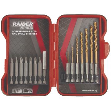 Raider  157795 - Set accesorii insurubare si burghie metal 15 bucati