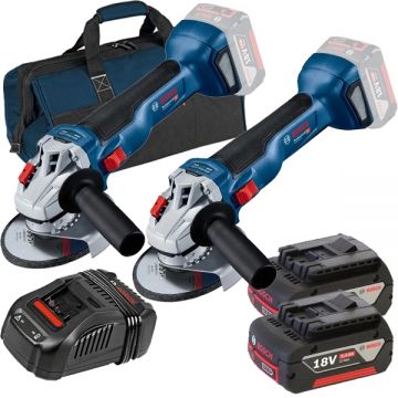 Bosch  2x GWS 18V-10 + 1600A00B8J + 1619BZ0100 - 2x Polizor unghiular 125 mm + Set 2 acumulatori si incarcator Li-Ion 18 V 5 Ah + Geanta textila