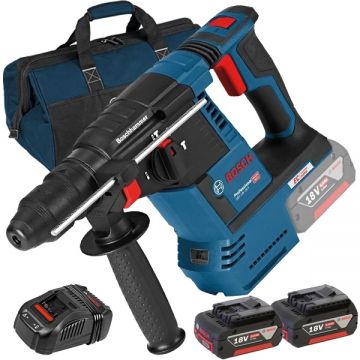 Bosch  GBH 18V-26 + 1600A00B8J + 1619BZ0100 - Rotopercutor SDS-Plus 2.6 J + Set 2 acumulatori si incarcator Li-Ion 18 V 5 Ah + Geanta textila