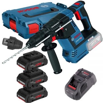 Bosch  GBH 18V-26 F + 0615990L3T - Rotopercutor SDS-Plus 2.6 J mandrina interschimbabila + Set 3 acumulatori si incarcator Li-Ion 18 V 5 Ah valiza speciala