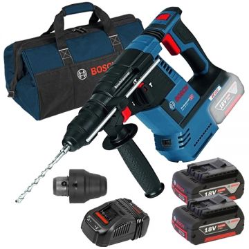 Bosch  GBH 18V-26 F + 1600A00B8J + 1619BZ0100 - Rotopercutor SDS-Plus 2.6 J mandrina interschimbabila + Set 2 acumulatori si incarcator Li-Ion 18 V 5 Ah + Geanta textila