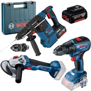 Bosch  GBH 18V-26 F + GWS 18V-10 + GSR 18V-50 - Rotopercutor SDS-Plus cu 2 acumulatori Li-Ion 18 V 6 Ah 2.6 J valiza plastic + Polizor unghiular 125 mm + Masina de gaurit si insurubat 50 Nm