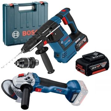 Bosch  GBH 18V-26 F + GWS 18V-10 - Rotopercutor SDS-Plus cu 2 acumulatori Li-Ion 18 V 6 Ah 2.6 J mandrina interschimbabila + Polizor unghiular 125 mm