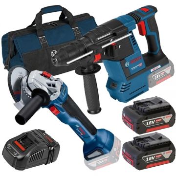 Bosch  GBH 18V-26 + GWS 18V-10 + 1600A00B8J + 1600A00B8J - Rotopercutor SDS-Plus 2.6 J + Polizor unghiular 125 mm + Set 2 acumulatori si incarcator Li-Ion 18 V 5 Ah + Geanta textila