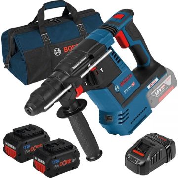 Bosch  GBH 18V-26 + ProCORE + GAL 1880 CV + 1619BZ0100 - Rotopercutor SDS-Plus 2.6 J + Set 2 acumulatori si incarcator Li-Ion 18 V 8 Ah + Geanta textila