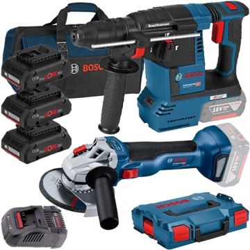 Bosch  GBH 18V-26 - Rotopercutor SDS-Plus 2.6 J + Polizor unghiular 125 mm + Set 3 acumulatori si incarcator Li-Ion 18 V 4 Ah valiza speciala + Geanta textila