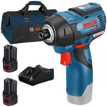 Bosch  GDR 12V-110 + 1600A019R8 + 1619BZ0100 - Masina de insurubat cu impact 110 Nm M4-M12 + Set 2 acumulatori si incarcator Li-Ion 12 V 2 Ah + Geanta textila