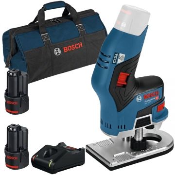 Bosch  GKF 12V-8 + 1600A019R8 + 1619BZ0100 - Masina de frezat 8 mm+ Set 2 acumulatori si incarcator Li-Ion 12 V 2 Ah + Geanta textila