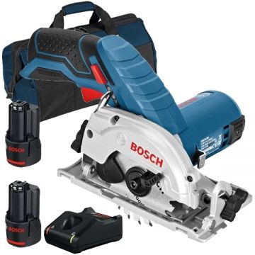 Bosch  GKS 12V-26 + 1600A019R8 + 1619BZ0100 - Fierastrau circular 85x15 mm + Set 2 acumulatori si incarcator Li-Ion 12 V 2 Ah + Geanta textila