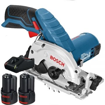 Bosch  GKS 12V-26 + 1600A019R8 - Fierastrau circular 85x15 mm + Set 2 acumulatori si incarcator Li-Ion 12 V 2 Ah