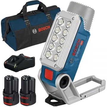 Bosch  GLI 12V-330 + 1600A019R8 + 1619BZ0100 - Lampa  + Set 2 acumulatori si incarcator Li-Ion 12 V 2 Ah + Geanta textila
