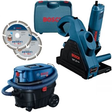 Bosch  GNF 35 CA + GAS 12-25 PL + PRO Multi Material - Freza pentru caneluri beton 1400 W 150 mm valiza plastic + Aspirator umed-uscat 1250 W 200 mbar 25 l priza scule electrice + 2xDisc diamantat de taiere segmentat 150x22.2x2.4 mm
