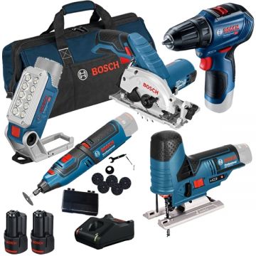 Bosch  GRO 12V-35 + GLI 12V-330 + GST 12V-70 + GKS 12V-26 + GSR 12V-30 - Polizor drept 3.2 mm + Lampa/Lanterna + Fierastrau pendular + Fierastrau circular 85x15 mm + Masina de gaurit si insurubat 30 Nm + Set 2 acumulatori si incarcator Li-Ion 12 V 2 Ah +
