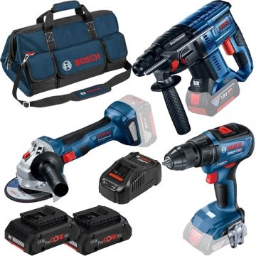 Bosch  GSR 18V-50 + GWS 180-LI + GBH 180-LI + ProCORE + GAL 1880 CV + 1600A003BK - Masina de gaurit si insurubat 50 Nm + Polizor unghiular 125 mm + Rotopercutor SDS-Plus 2 J + Set 2 acumulatori si incarcator Li-Ion 18 V 4 Ah + Geanta textila