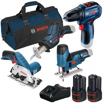 Bosch  GST 12V-70 + GKS 12V-26 + GSR 12V-30 + GSA 12V-14 + 1600A019R8 + 1600A019R8 - Fierastrau pendular + Fierastrau circular 85x15 mm + Masina de gaurit si insurubat 30 Nm + Fierastrau sabie + Set 2 acumulatori si incarcator Li-Ion 12 V 2 Ah + Geanta