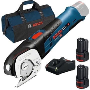 Bosch  GUS 12V-300 + 1600A019R8 + 1619BZ0100 - Foarfeca 11 mm + Set 2 acumulatori si incarcator Li-Ion 12 V 2 Ah + Geanta textila