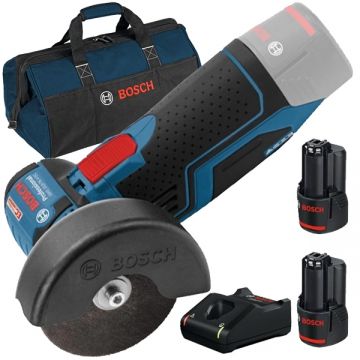 Bosch  GWS 12V-76 + 1600A019R8 + 1619BZ0100 - Polizor unghiular 76 mm + Set 2 acumulatori si incarcator Li-Ion 12 V 2 Ah + Geanta textila