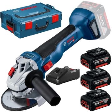 Bosch  GWS 18V-10 + 0615990L3T - Polizor unghiular 125 mm + Set 3 acumulatori si incarcator Li-Ion 18 V 5 Ah valiza speciala
