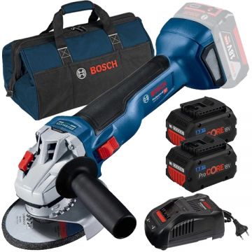 Bosch  GWS 18V-10 + ProCORE + GAL 1880 CV + 1619BZ0100 - Polizor unghiular 125 mm + Set 2 acumulatori si incarcator Li-Ion 18 V 8 Ah + Geanta textila