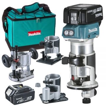 Makita  DRT50RTEX3 - Masina de frezat cu 2 acumulatori Li-Ion 18 V 5 Ah 6 8 mm geanta textila