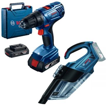 Bosch  GAS 18V-1 + GSR 180-LI - Aspirator 60 mbar + Masina de gaurit si insurubat cu 2 acumulatori Li-Ion 18 V 2 Ah 54 Nm valiza plastic