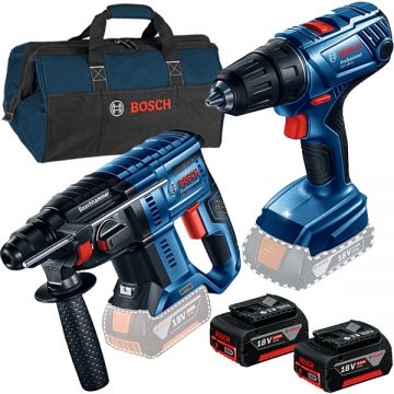 Bosch  GBH 180-LI + GSR 180-LI - Rotopercutor SDS-Plus 2 J + Masina de gaurit si insurubat 54 Nm + Set 2 acumulatori si incarcator Li-Ion 18 V 4 Ah + Geanta textila